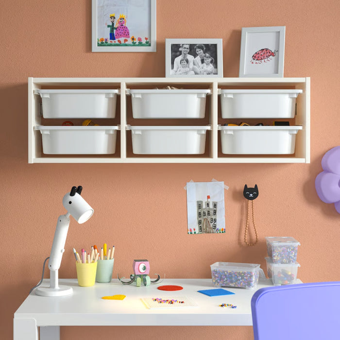 IKEA TROFAST Wall storage, white/white, 99x21x30 cm (39x8 1/4x11 3/4 ") with  6 x Storage box, white, 20x30x10 cm (7 ¾x11 ¾x4 ")