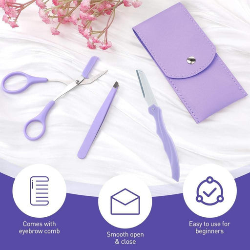 Eyebrow grooming kit purple tools neatly arranged with flowers background