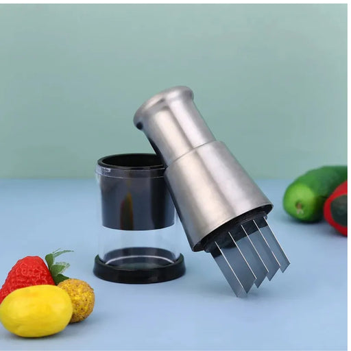 Multipurpose kitchen slicer and chopper with stainless steel blades, transparent collection cup, and assorted fruits and vegetables around—16 cm size – 1600000766929 13074717.