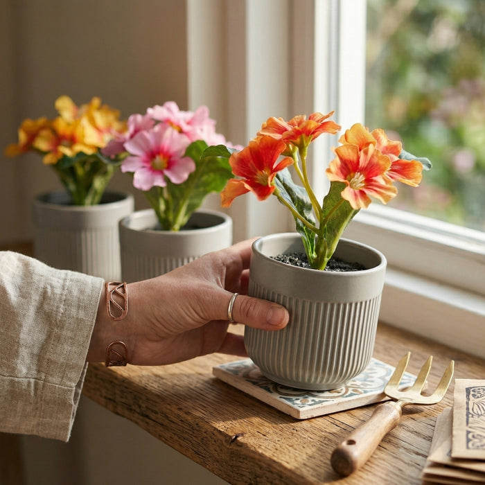 IKEA Artificial Greenery Set - FEJKA Mixed Primrose Potted Plants (6cm) & GRADVIS Grey Ceramic Plant Pots (3-Pack)