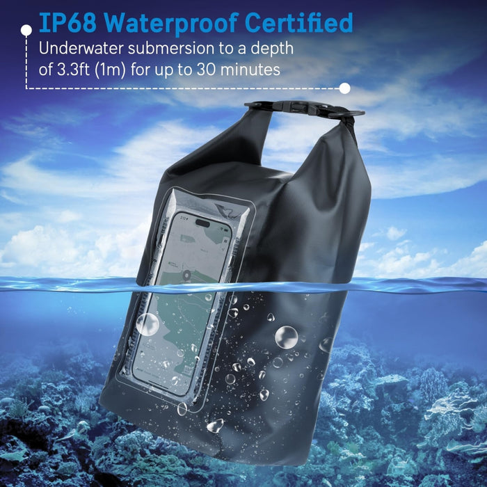 Waterproof phone case with underwater scene and text about certification