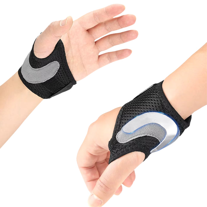 Black wrist support straps with gray and blue accents on a white background