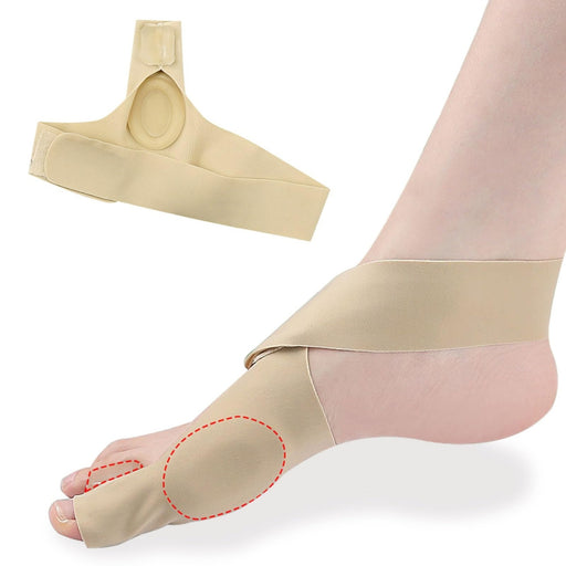 Side view of the left foot wearing the beige bunion anti-wear protector, highlighting the targeted support for the hallux valgus area.