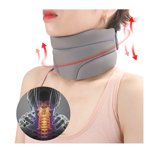 Person wearing a gray neck brace with an inset showing a spine illustration on a white background