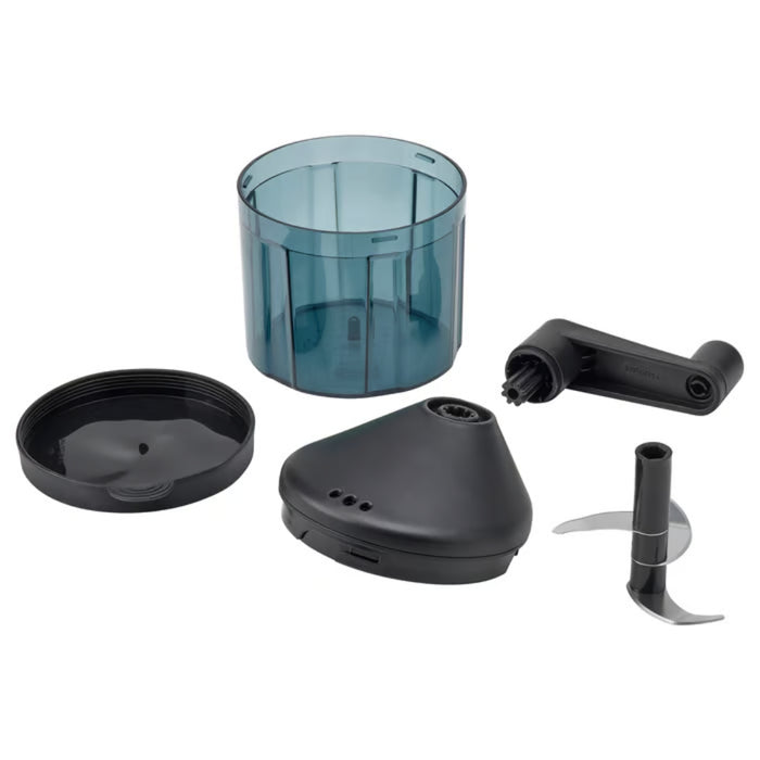 Disassembled STENSNULTRA chopper showing container, lid, gear base, crank handle, and double-blade attachment for easy cleaning