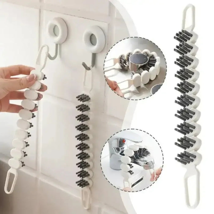Bendable gap scrubber with round brush heads and dual handles – shown cleaning faucet and tile edges, also hung for storage – 1600001512507 13955116