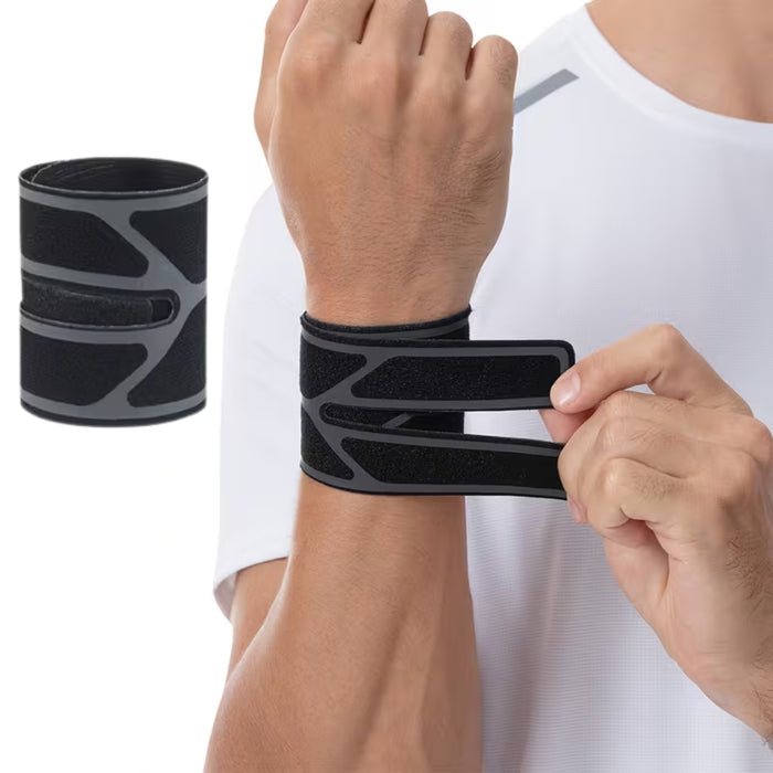Demonstration of a person wearing the black compression wrist strap to provide stability during sports.