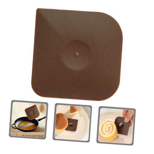 Brown square silicone mat with images of its use on a white background
