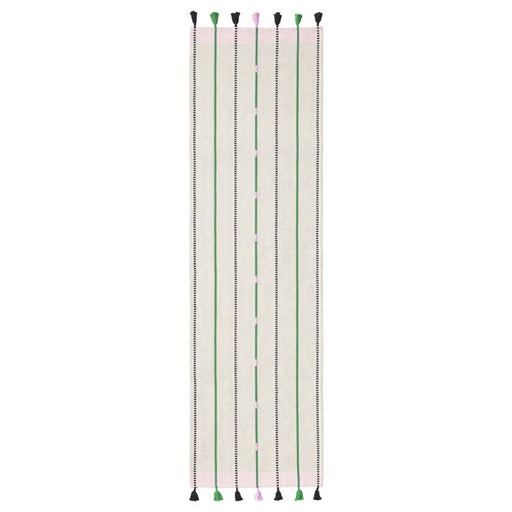 IKEA MÄVINN Table-runner, off-white with green stripes, pink diamonds, and tassels – 35x130 cm (14x51 ") – artisanal texture for cozy, modern interiors – 40601622