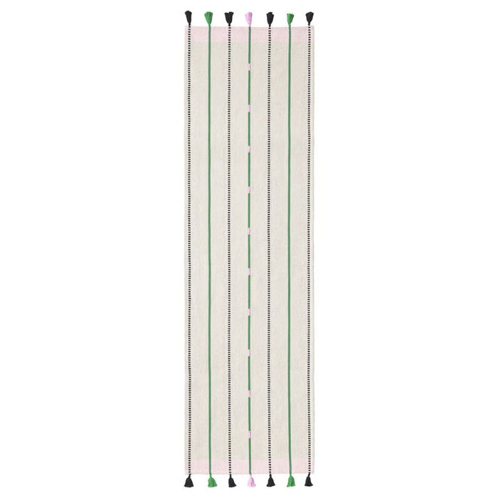 IKEA MÄVINN Table-runner, off-white with green stripes, pink diamonds, and tassels – 35x130 cm (14x51 ") – artisanal texture for cozy, modern interiors – 40601622