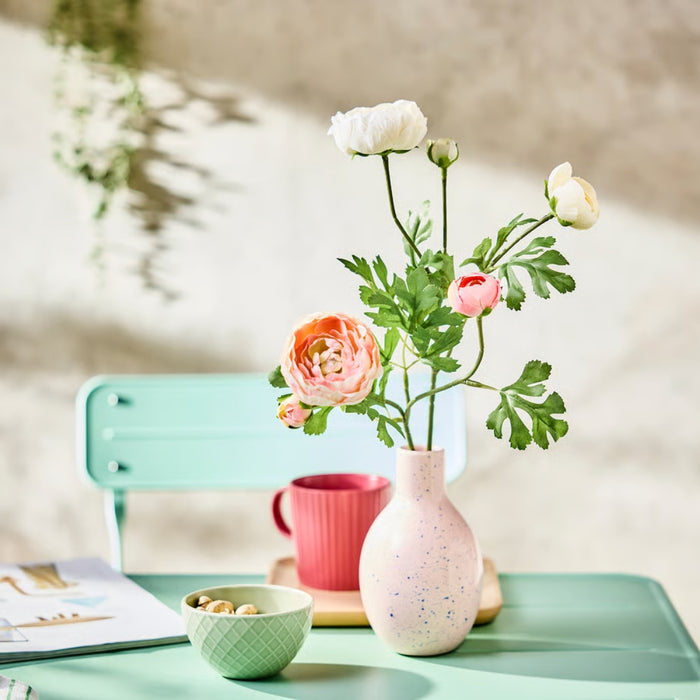 IKEA SMYCKA Artificial Flower Ranunculus Pink 52 cm with VINTER 2021 Vase Dark Green 27 cm