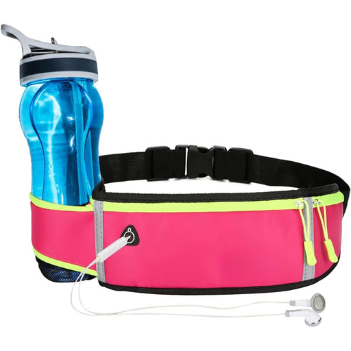 Waterproof running belt – pink with bottle holder, zippered pockets, earphone cable threaded through access port


