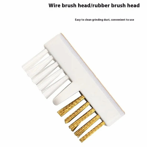 Dual head nail brush – labeled “wire brush head/rubber brush head” for dust and polish removal