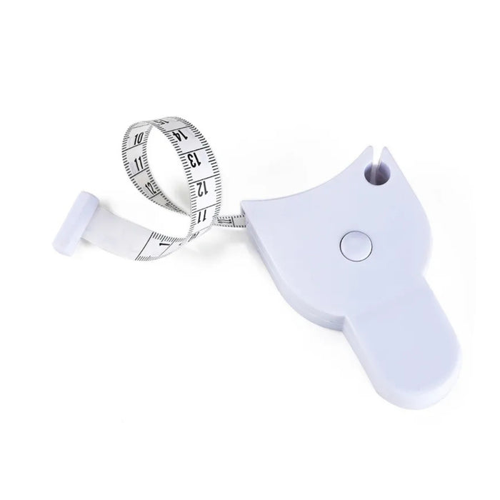 White measuring device with a retractable tape measure on a white background
