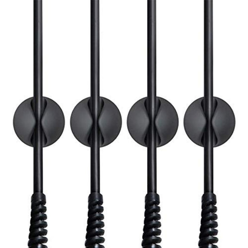 Cable Organizer Clips – 5pcs Black TPR, Single-Hole Buckle Design, used to secure black cables on desk surface
