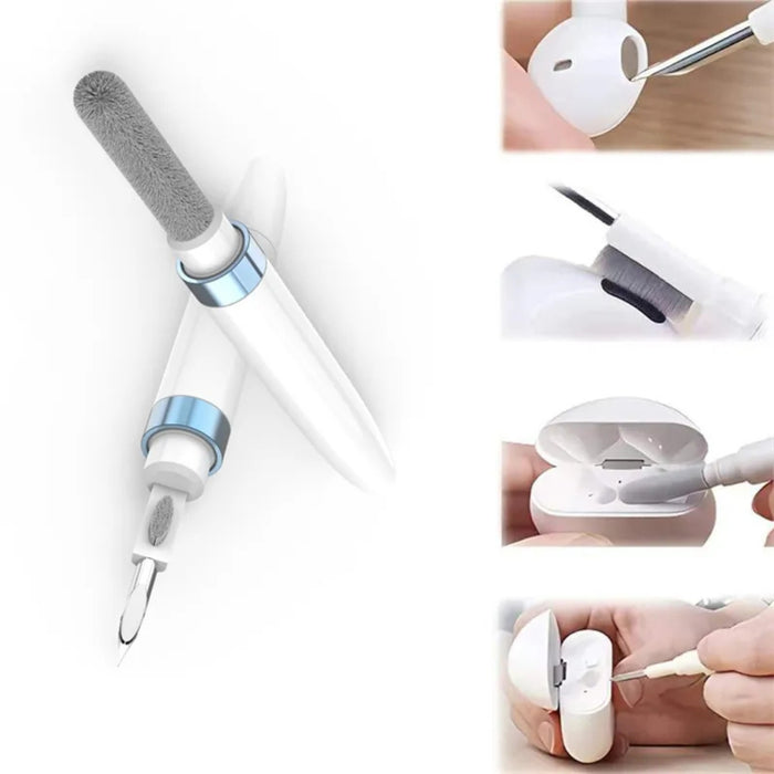 Digital Shoppy Hand using white cleaning pen with gray tip to clean inside of earbud case