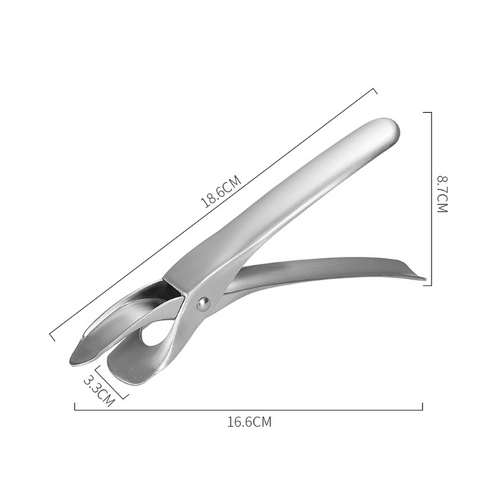 Stainless steel cookware clip lifting a metal pan from boiling water