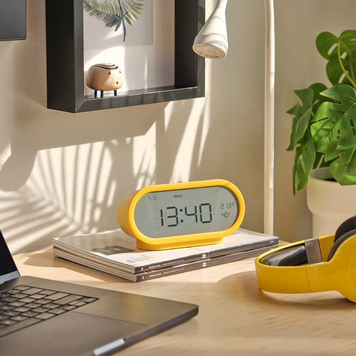 IKEA RÖDSTRÄFSE Alarm Clock with Hygro-/Thermometer Yellow 17x8x6 cm with HAJMAL Paper Napkin Patterned Flower 16x32 cm