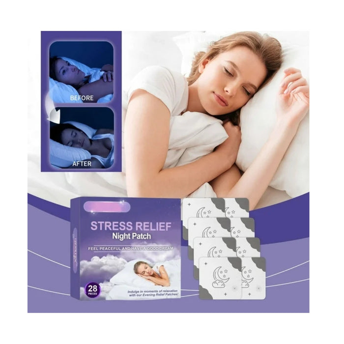 Stress relief night patch packaging with a woman sleeping and before/after comparison on a white background.