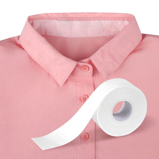 Close-up of a pink shirt with the invisible white collar liner applied to the inside neck area to prevent sweat stains.