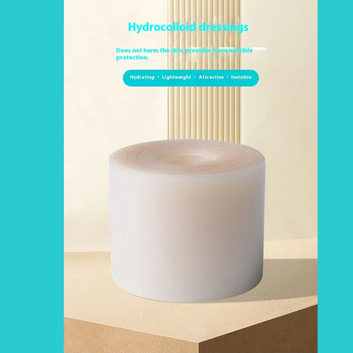 Hydrocolloid dressing roll displayed with text emphasizing invisible coverage, hydration, and skin safety