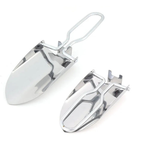 Stainless steel garden shovel – foldable metal shovel shown extended and collapsed for portability