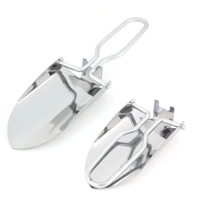 Stainless steel garden shovel – foldable metal shovel shown extended and collapsed for portability