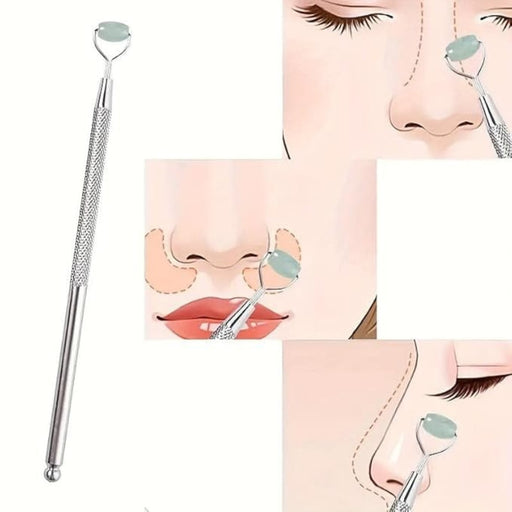 Jade Eye & Nose Massager – Dual-End Roller, Facial Circulation Tool, usage illustrations for nose, cheeks, and jawline massage