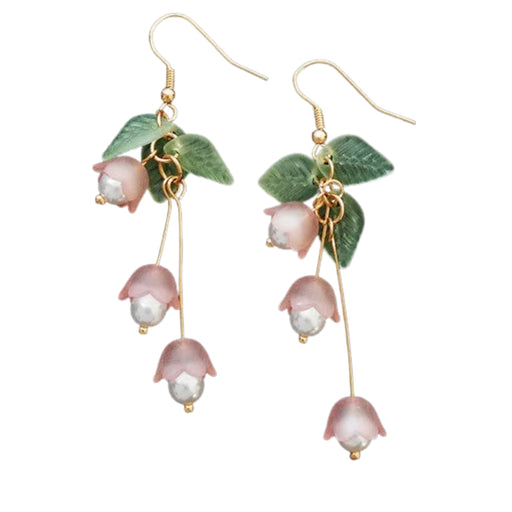 Digital Shoppy Lily of the Valley earrings – pink flower dangle earrings with white bead centers and green leaf accents

