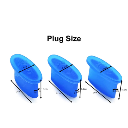 Three blue silicone plugs with measurements on a white background