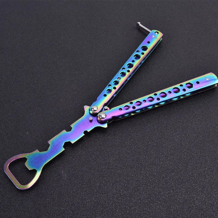 Multicolored pocket knife with bottle opener on a black background