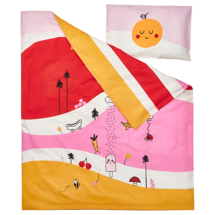 Children's bedding set with colorful design on a white background