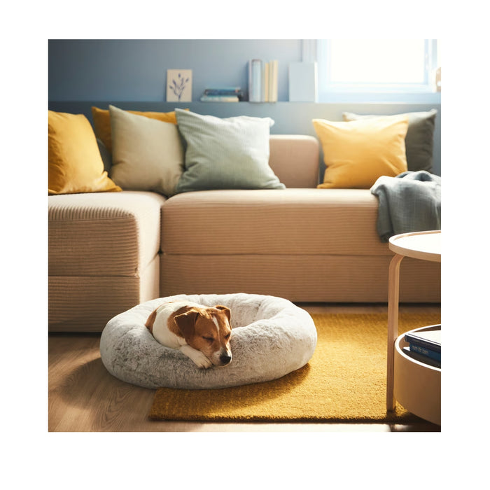Small dog sleeping in UTSÅDD pet bed, light grey, M – plush round design on yellow rug in cozy living room with beige sofa, colorful cushions, and blue wall – 70570582.