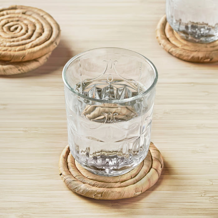 IKEA STAMSILL Coaster, water hyacinth/sedge handmade, (4 pack) – textured glass on natural fiber coaster for stylish table setting – 50531879