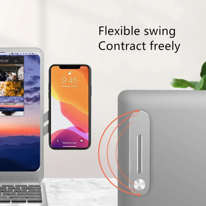 Laptop-mounted silver phone holder with flexible swing arm – phone positioned beside screen for dual-device productivity – 1747662 14007838