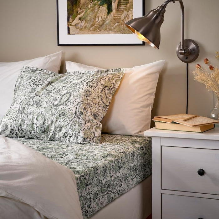 IKEA RODGERSIA Bedding Set: Green/White Flat Sheet (150x260cm) & Matching Pillowcase