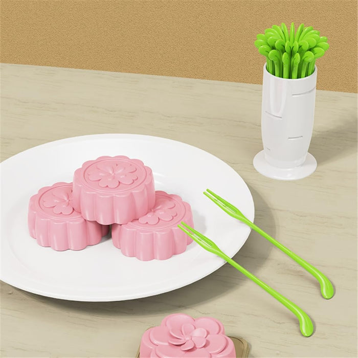 Digital Shoppy Radish Fruit Fork Set – 30pcs Tooth Dessert Picks with Holder – White/Green