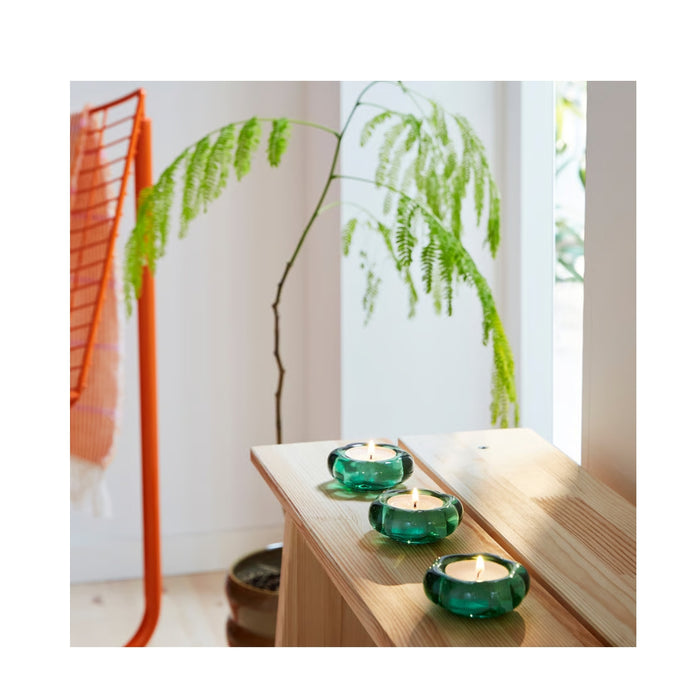 Three green candle holders with candles on a wooden surface, with a plant in the background.