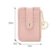 Pink wallet with keychain, measurements indicated on a white background
