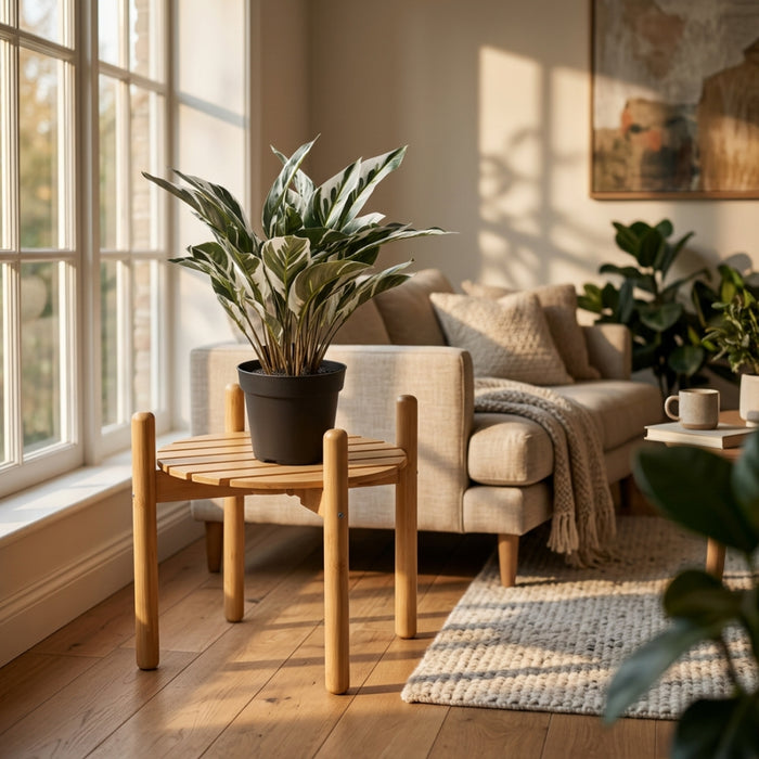 IKEA DAKSJUS Plant Stand Bamboo 28 cm with FEJKA Artificial Potted Plant Calathea 15 cm — Stylish Green Décor Combo
