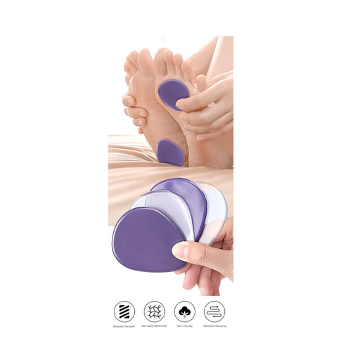Purple and white foot care device held by a hand with feet in the background