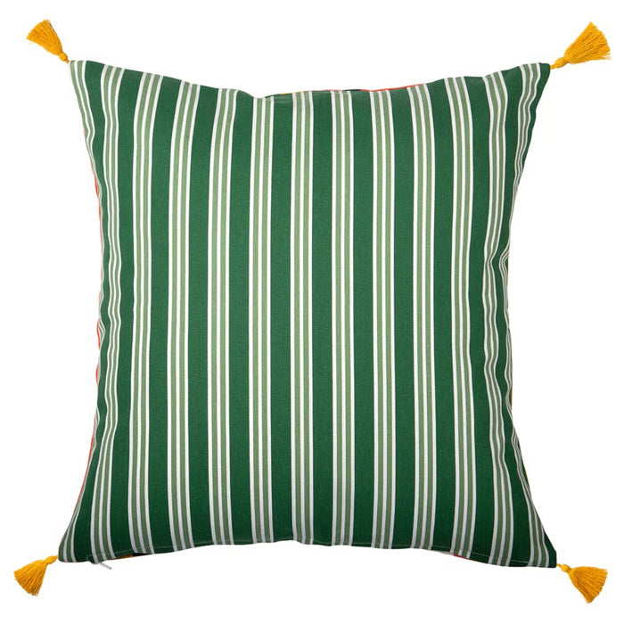 Green and white striped pillow with yellow tassels on a white background