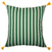 Green and white striped pillow with yellow tassels on a white background