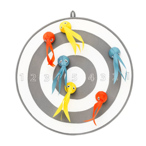 Colorful octopus-shaped darts on a target with numbered rings