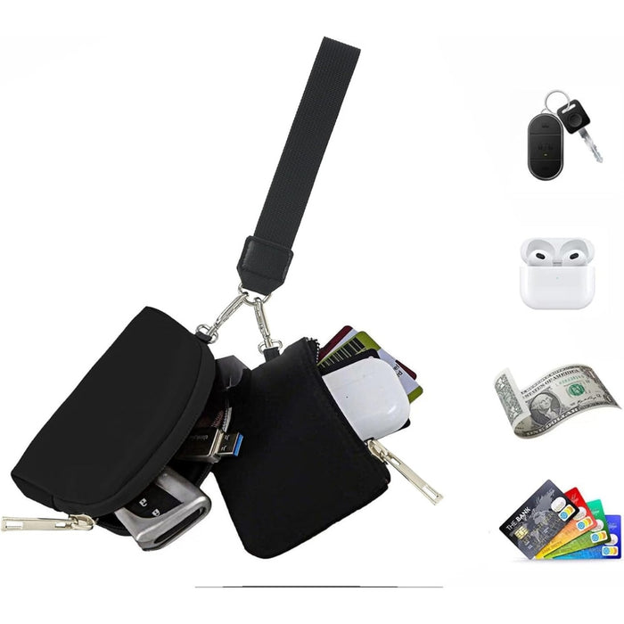 Mini Black Change Purse – Portable, Dual Pouch, Fashion Accessory, opened to reveal storage for cards, earbuds, and keys