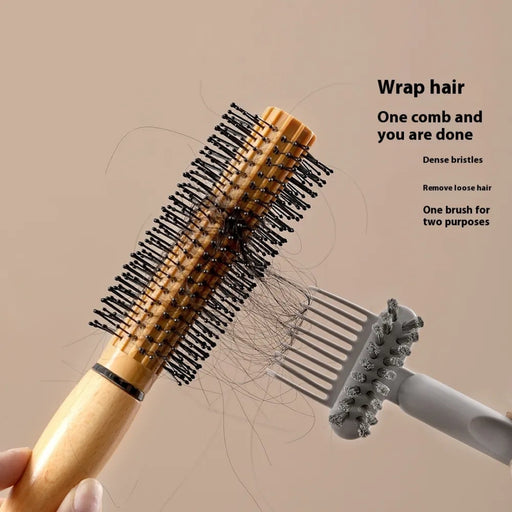 Gray dual-use comb cleaning brush with claw and bristle head; shown removing hair from round brush – ergonomic handle for easy grip – 1600004667634, 13645135