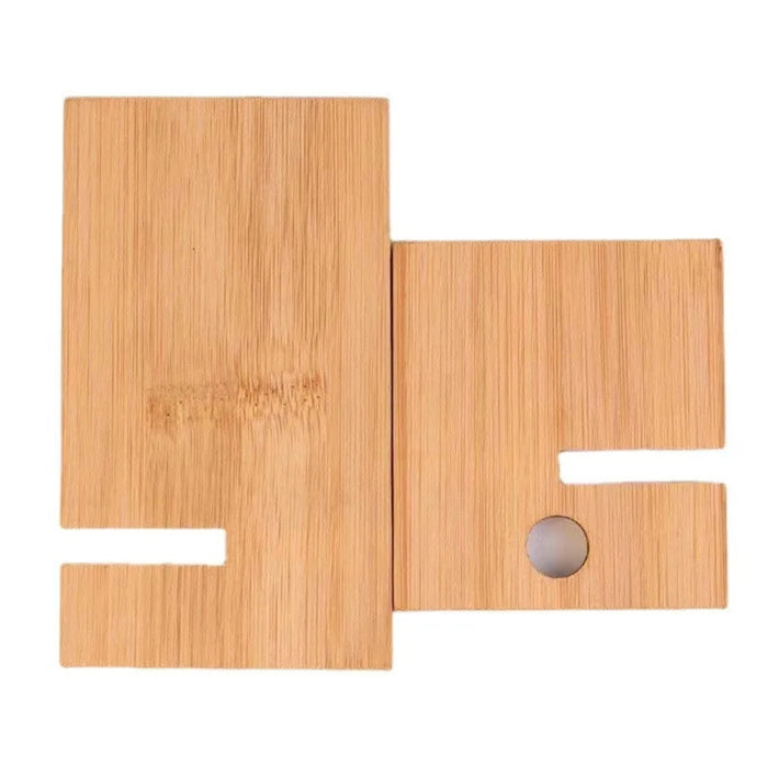 Two interlocking bamboo pieces with carved slots and a round cable hole—components of a 14x8 cm desktop phone holder – 1600000766929 13074717.