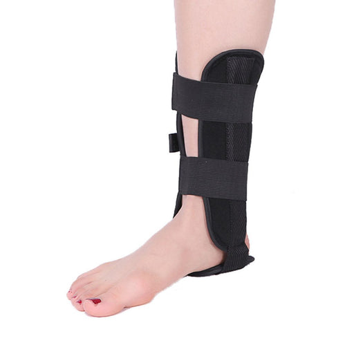 Black or beige ankle fixation brace with padded interior, metal stays, and hook-and-loop closures for secure fit.