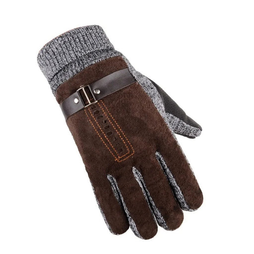 Single brown glove with suede-like finish, gray knit wrist, and buckle strap detail - 