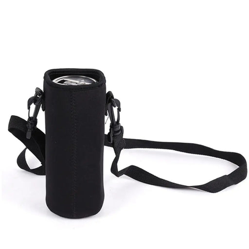 Digital Shoppy insulation cup strap cover – black neoprene sleeve with beverage can and adjustable shoulder strap

